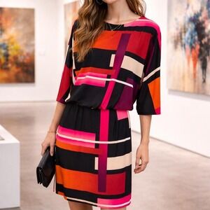 Sandra Darren Geometric Print Dress Size 8 Bold Abstract Art Gallery Chic